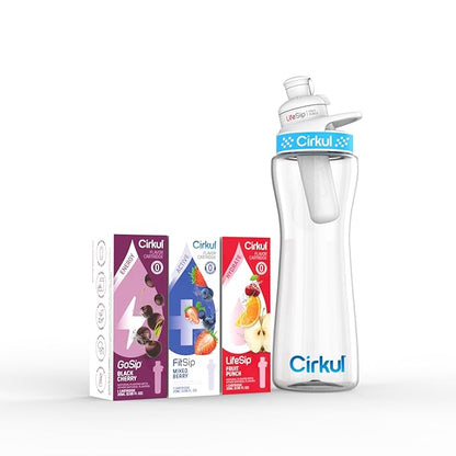Cirkul 22oz. BPA-Free Plastic Water Bottle Starter Kit with Blue Lid, 3 Flavor Cartridges (1 LifeSip Fruit Punch, 1 FitSip Mixed Berry, 1 GoSip Black Cherry) Zero Calories and No Sugar