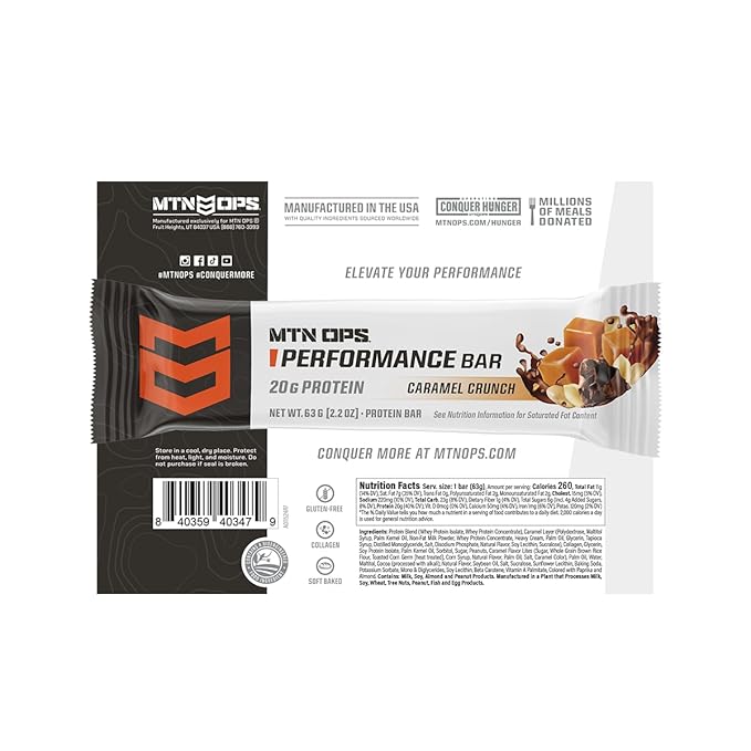 MTN OPS Caramel Crunch Protein Bars, High Protein with Whey Isolate & Whey Concentrate and Collagen, Low Sugar, Gluten Free, 10 Count