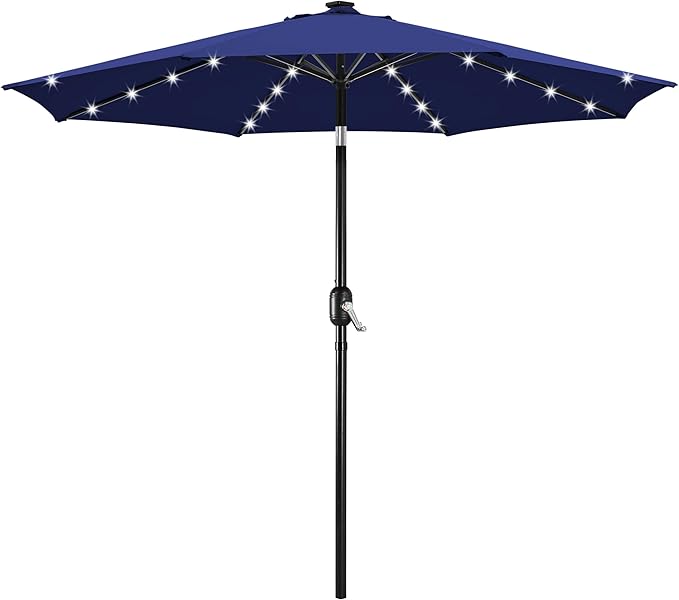 Yaheetech 10FT Solar Patio Umbrella 32 LED Lighted Table Market Umbrella with Tilt and Crank for Garden, Deck, Backyard, Pool and Beach, Navy Blue