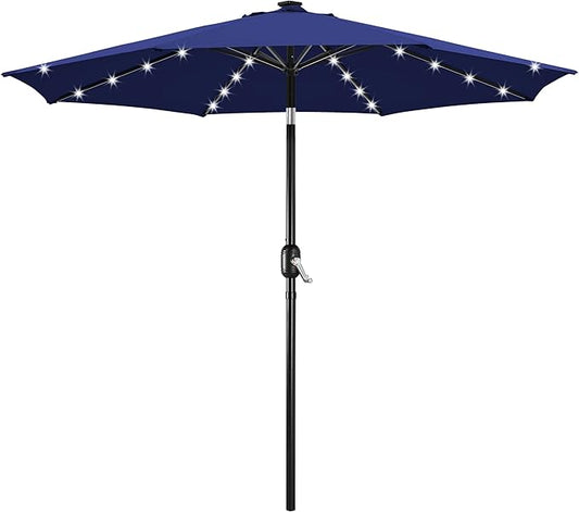 Yaheetech 10FT Solar Patio Umbrella 32 LED Lighted Table Market Umbrella with Tilt and Crank for Garden, Deck, Backyard, Pool and Beach, Navy Blue