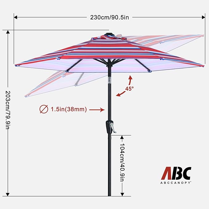 ABCCANOPY 7.5FT Outdoor Patio Umbrella, UV Protection Table Umbrella w/Crank for Easy Set Up, Suitable for Garden, Lawn, Deck & Backyard (Dark Blue Red Stripe)