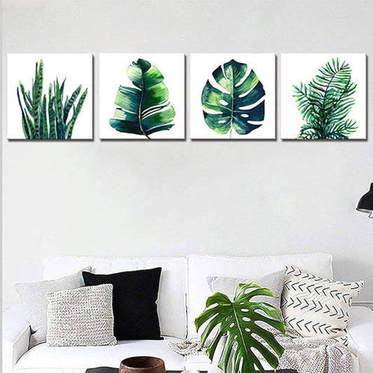 Boho Wall Art Bathroom Decor Botanical Green Plant Canvas Prints Picture Bedroom Apartment Kitchen Home Decoration 4Pcs/Sets 14 x 14" Tropical Leaf Monstera Minimalist Aesthetic Framed Poster Artwork