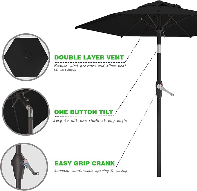 7.5FT Patio Umbrella Table Market Umbrella w/Tilt and Crank Heavy-Duty Round Outdoor Umbrellas for Garden, Deck, Backyard, Pool and Beach, Black