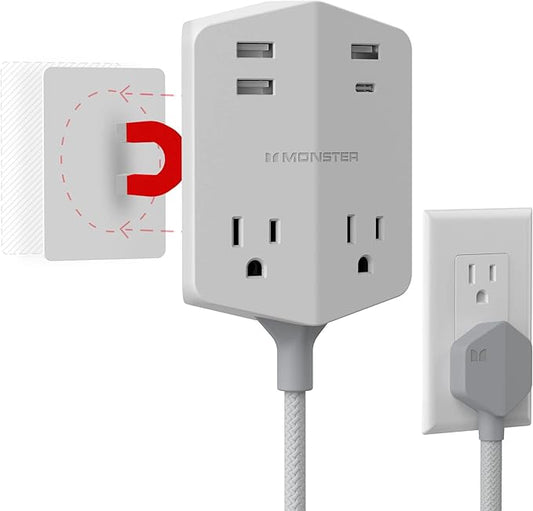 Monster Power Shield: Magnetic Wall Outlet Extender, Multiple Plug Outlet with 2 AC Outlets, 3 USB-A Ports, & 1 USB-C Port (20W)