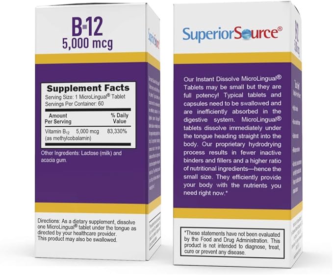 Superior Source No Shot Methylcobalamin B-12 5000 mcg - Vitamin B-12 to Support Energy Production, Brain Health & Overall Wellness - Sublingual Tablets for Fast Absorption - 60 Dissolving Tablets