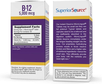 Superior Source No Shot Methylcobalamin B-12 5000 mcg - Vitamin B-12 to Support Energy Production, Brain Health & Overall Wellness - Sublingual Tablets for Fast Absorption - 60 Dissolving Tablets