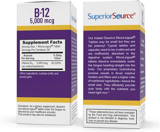 Superior Source No Shot Methylcobalamin B-12 5000 mcg - Vitamin B-12 to Support Energy Production, Brain Health & Overall Wellness - Sublingual Tablets for Fast Absorption - 60 Dissolving Tablets