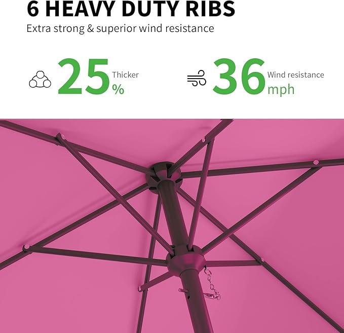 6.5 * 10FT Rectangular Patio Umbrella Table Market Umbrella w/Tilt and Crank Outdoor Umbrellas for Garden, Deck, Backyard, Pool and Beach, Rose Pink