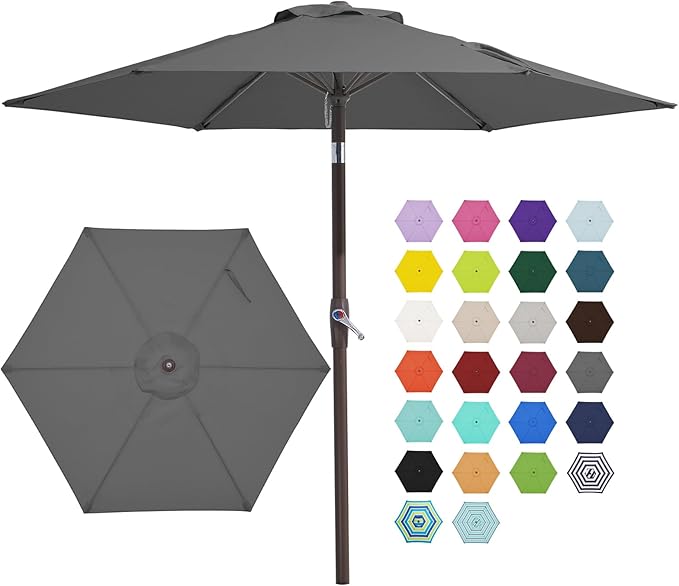 JEAREY 7.5FT Patio Umbrella Market Table Umbrella with 6 Sturdy Ribs, Push Button Tilt/Crank Outdoor Umbrella for Garden, Deck, Backyard, Pool and Beach,Gray