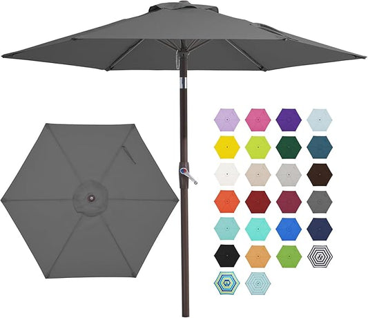 JEAREY 7.5FT Patio Umbrella Market Table Umbrella with 6 Sturdy Ribs, Push Button Tilt/Crank Outdoor Umbrella for Garden, Deck, Backyard, Pool and Beach,Gray