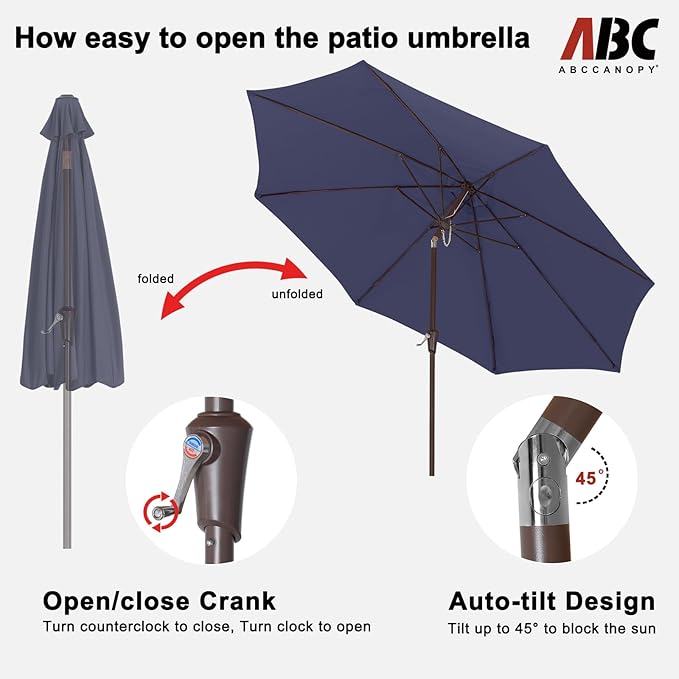 ABCCANOPY 9FT Outdoor Patio Umbrella, 8 Ribs Table Umbrella w/Crank for Easy Set Up, Suitable for Garden, Lawn, Deck & Backyard (Navy Blue)