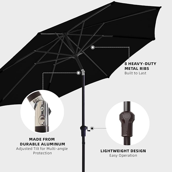 wikiwiki 10 FT Patio Umbrellas Outdoor Table Market Umbrella with Push Button Tilt/Crank, 8 Sturdy Ribs, Fade Resistant Waterproof POLYESTER DTY Canopy for Garden, Lawn, Deck, Backyard & Pool, Black