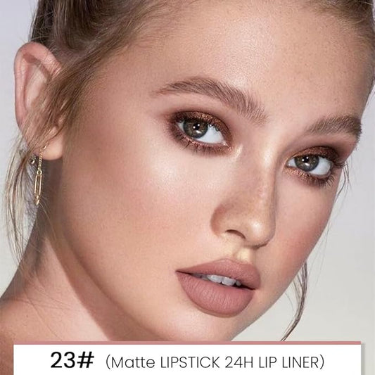 2-in-1 Light Nude Beige Lip Liner & Lipstick Set Kit for Women, Matte Lips Kit with Lip Liner Lip Stains Long Lasting Waterproof 24 Hour Lipstick and Lip Liners Combo Lipliners Pencil Set 23