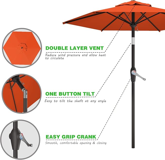 7.5FT Patio Umbrella Table Market Umbrella w/Tilt and Crank Heavy-Duty Round Outdoor Umbrellas for Garden, Deck, Backyard, Pool and Beach, Orange