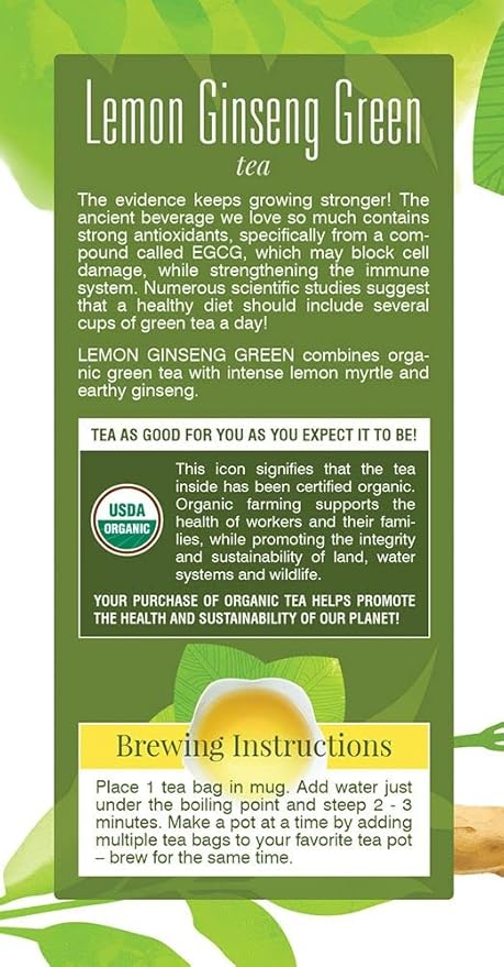 Davidson's Organics, Lemon Ginseng Green, 25-count Tea Bags, Pack of 6