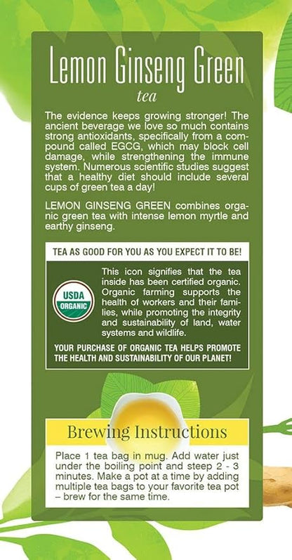 Davidson's Organics, Lemon Ginseng Green, 25-count Tea Bags, Pack of 6
