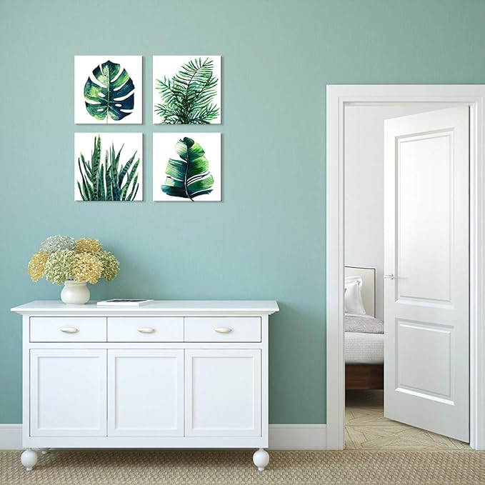 Boho Tropical Wall Art Bathroom Decor Green Plant Pictures Wall Decor for Living Room Minimalist Botanical Leaf Canvas Artworks Kitchen Sage Monstera Framed Poster Bedroom Home Decorations 12x12" 4Pcs
