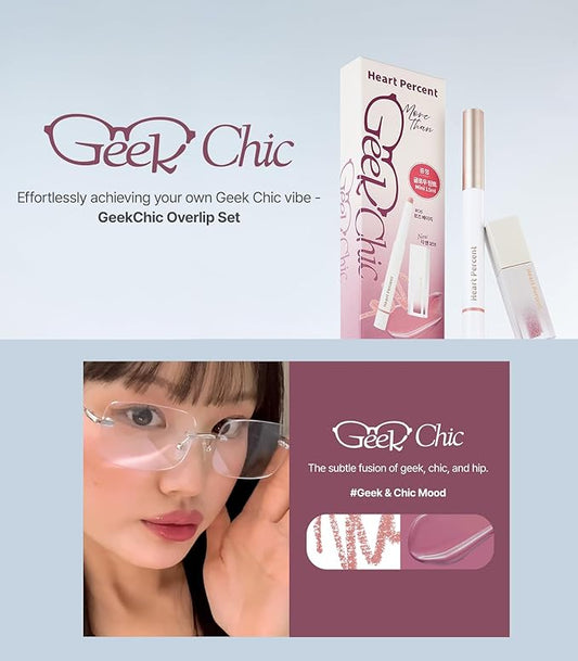 Heart Percent Dote On Mood Overlip Pencil & Stain Duo Set, Long-Lasting Creamy Lip Crayon & Pure Glow Tint Dewy Moisturizing Liquid Lipstick, #GeekChic Overlip Set