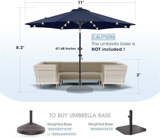 wikiwiki 11ft Solar Led Patio Umbrella, Sturdy Outdoor Market Umbrella for Deck, Pool, Garden w/Tilt, Crank, 32 LED Lights, Navy Blue