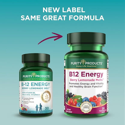 Purity Products B-12 Energy Berry Lemonade Melt w/Super Fruits Methylcobalamin B12 - Vitamins B6, D3, Folic Acid and Biotin - High Absorption MecobalActive B 12-30 Melting Tablets