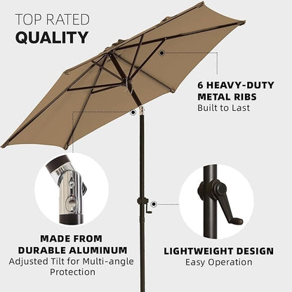 wikiwiki 7.5 FT Patio Umbrellas Outdoor Table Market Umbrella with Push Button Tilt/Crank, 6 Sturdy Ribs, Fade Resistant Waterproof POLYESTER DTY Canopy for Garden, Lawn, Deck, Backyard & Pool, Tan