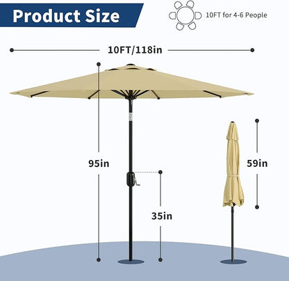 10Ft Patio Umbrella - 8 Sturdy Ribs Outdoor Table Umbrella with Crank Lift & Push Button Tilt - Market Umbrella for Pool, Deck, Yard, Garden -Beige