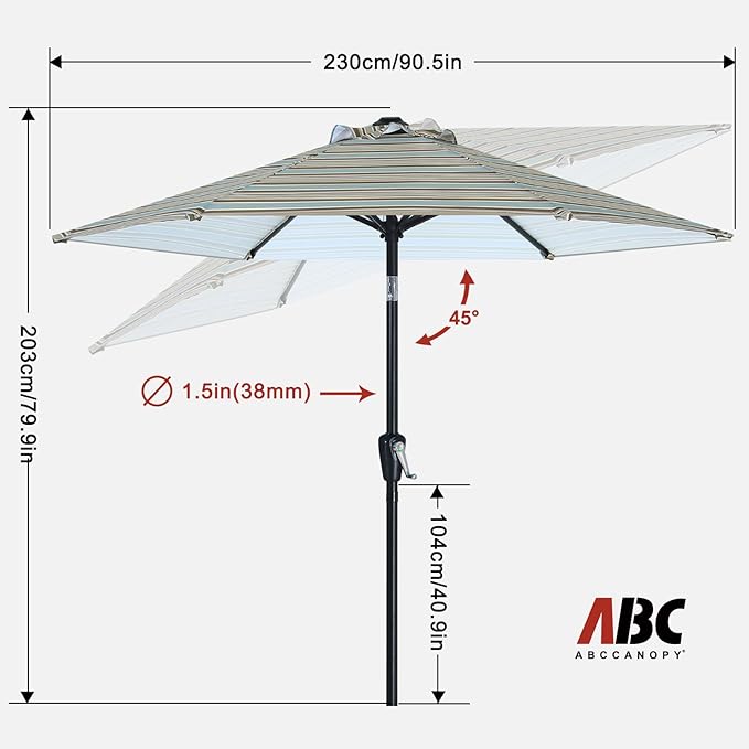 ABCCANOPY 7.5FT Outdoor Patio Umbrella, UV Protection Table Umbrella w/Crank for Easy Set Up, Suitable for Garden, Lawn, Deck & Backyard (Khaki Gray Stripe)