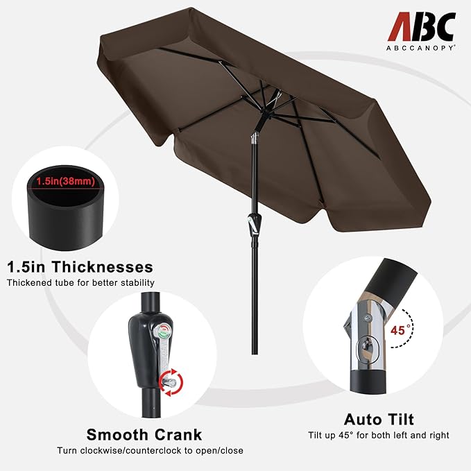 ABCCANOPY Patio Umbrella 7.5ft, Outdoor Table Umbrella with Push Button Tilt and Crank, Market Umbrella for Patio Pool Garden Deck (Brown)
