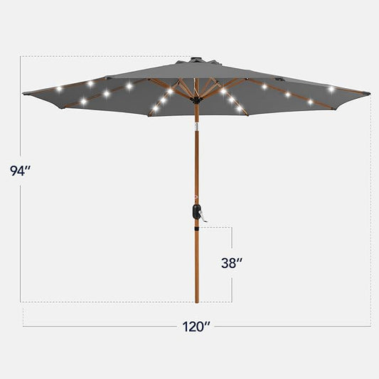 Best Choice Products 10ft Solar Market Patio Umbrella w/Woodgrain Pattern Pole, LED Lights, Tilt & Crank – Outdoor Sun Shade for Backyard Table, Deck, Poolside – Gray