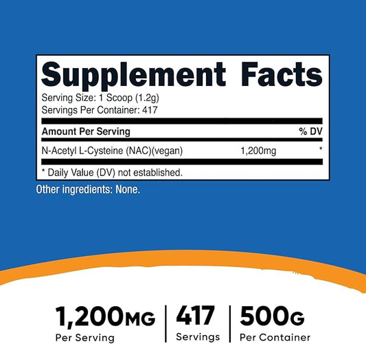 Nutricost N-Acetyl L-Cysteine (NAC) Powder 500 Grams - Vegan NAC, Non-GMO, Gluten Free