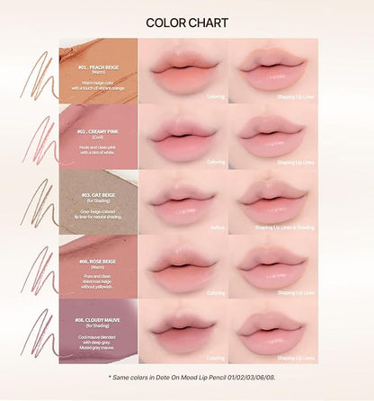 Heart Percent Dote On Mood Lip Pencil Slim, Defines and Fills Creamy Lip Liner Retractable Lipstick Pencil with Built-In Sharpener, #08. Cloudy Mauve
