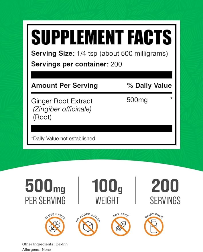 BulkSupplements.com Ginger Root Extract Powder - Ginger Supplement, Ginger Root Powder - Herbal Supplement, Gluten Free, 500mg per Serving, 100g (3.5 oz) (Pack of 1)