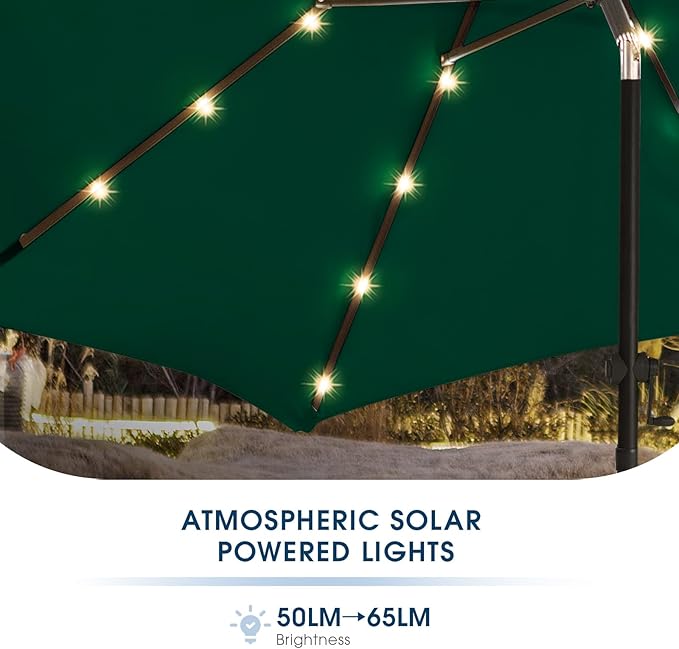 wikiwiki 9ft Solar Led Patio Umbrella, Sturdy Outdoor Market Umbrella for Deck, Pool, Garden w/Tilt, Crank, 32 LED Lights, Dark Green
