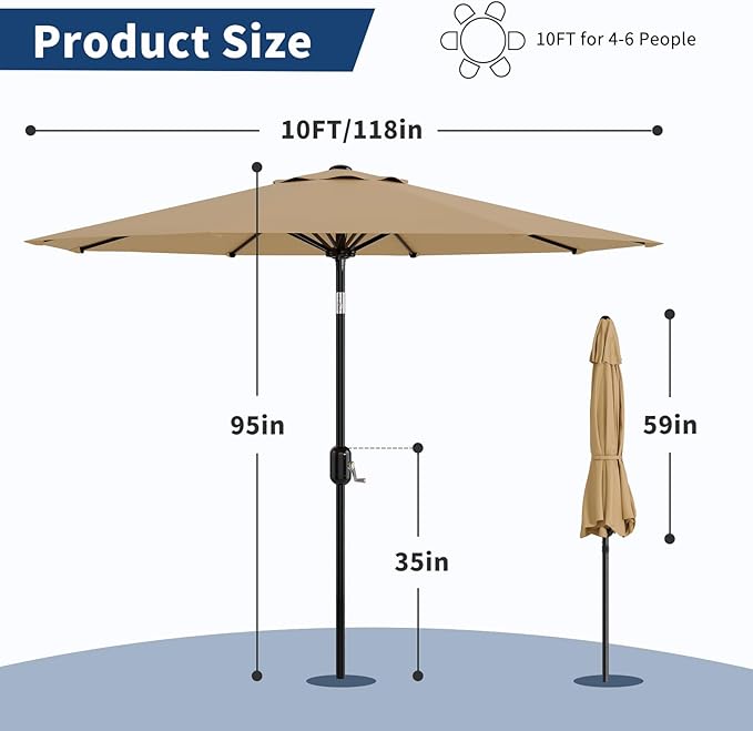 10Ft Patio Umbrella - 8 Sturdy Ribs Outdoor Table Umbrella with Crank Lift & Push Button Tilt - Market Umbrella for Pool, Deck, Yard, Garden - Tan
