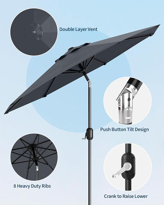 10FT Patio Umbrella Outdoor, Market Umbrella, Table Umbrella with Push Button Tilt and Crank, 8 Sturdy Ribs UV Protection Waterproof for Garden, Pool, Deck, Backyard (Grey)