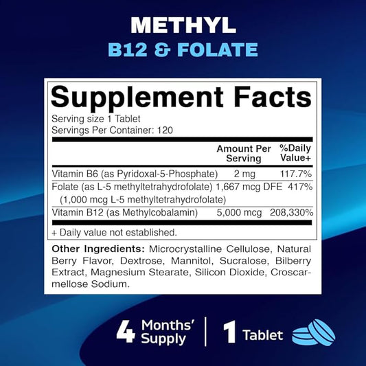 Vitamatic Methyl Folate & B12 Supplement with Pyridoxal 5 Phosphate (P-5-P) - Promotes Cardiovascular Health & Energy Metabolism - 120 Fast Dissolve Tablets - Non GMO & Gluten Free