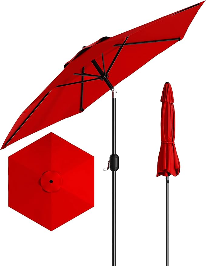 7.5FT Patio Umbrella Outdoor, Market Umbrella, Table Umbrella with Push Button Tilt and Crank, 6 Sturdy Ribs UV Protection Waterproof for Garden, Pool, Deck, Backyard (Red)