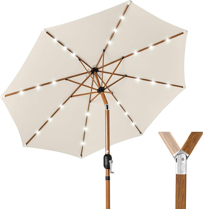 Best Choice Products 10ft Solar Market Patio Umbrella w/Woodgrain Pattern Pole, LED Lights, Tilt & Crank – Outdoor Sun Shade for Backyard Table, Deck, Poolside – Ivory