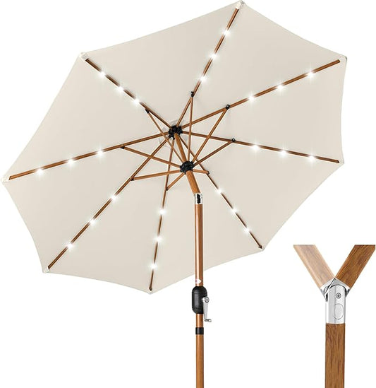 Best Choice Products 10ft Solar Market Patio Umbrella w/Woodgrain Pattern Pole, LED Lights, Tilt & Crank – Outdoor Sun Shade for Backyard Table, Deck, Poolside – Ivory