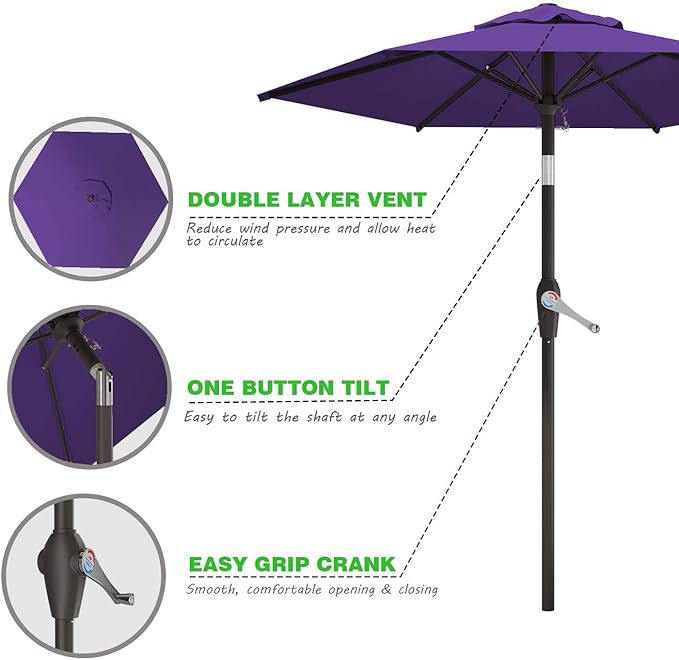 7.5FT Patio Umbrella Table Market Umbrella w/Tilt and Crank Heavy-Duty Round Outdoor Umbrellas for Garden, Deck, Backyard, Pool and Beach, Dark Purple