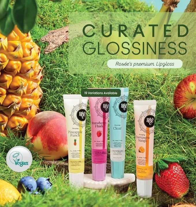 ROSÉE & CO Rosee Lip Gloss Vegan & Cruelty Free Treatment, Professional Make up, Long Lasting Glossy with Shea Butter, Moisturize, Protect & Smooth, High Shine, Non-Sticky (b. Clear Plumping, 0.5)