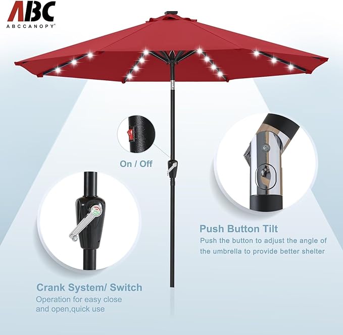 ABCCANOPY Durable Solar Led Patio Umbrellas with 32LED Lights 9FT (Burgundy)