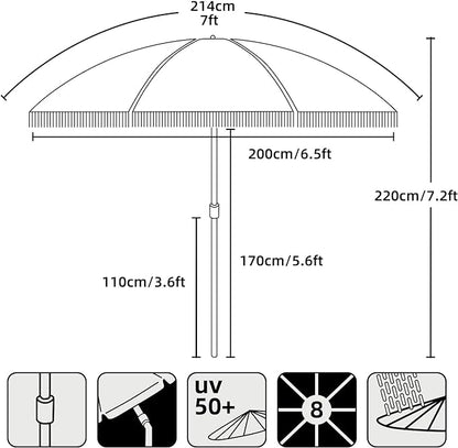 AMMSUN 7ft Patio Umbrella with Fringe Outdoor Tassel Umbrella UPF50+ Premium Steel Pole and Ribs Push Button Tilt, Navy Blue Stripes
