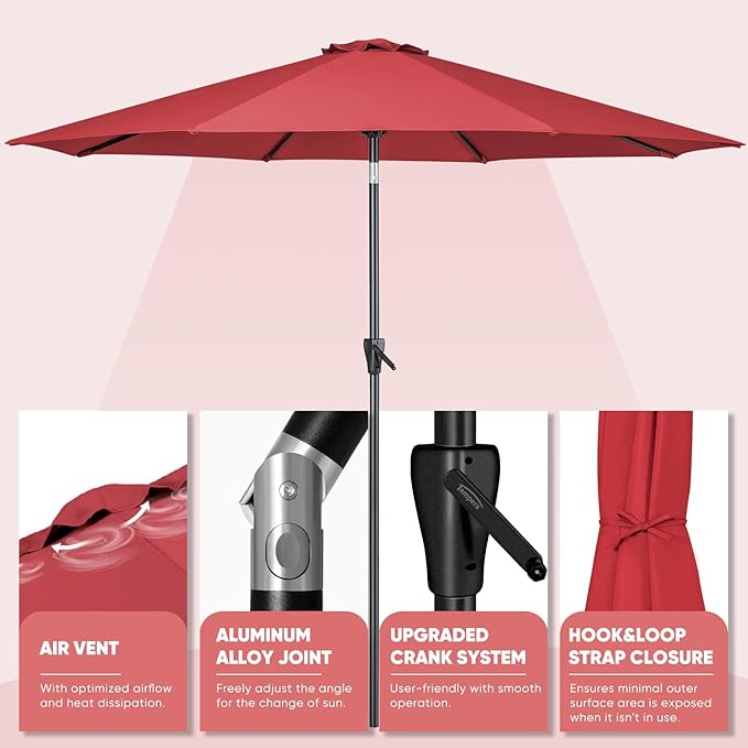 Tempera Patio Market Outdoor Table Umbrella with Push Button Tilt and Crank,Large Sun Umbrella with Sturdy Pole&Fade resistant canopy,Easy to set