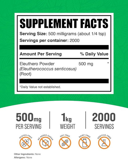 BulkSupplements.com Eleuthero Powder - Siberian Ginseng Powder, Eleutherococcus senticosus, Ginseng Herbal Supplements, Gluten Free, 500mg of per Serving, 1kg (2.2 lbs) (Pack of 1)