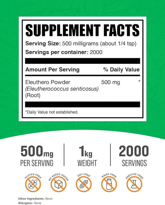 BulkSupplements.com Eleuthero Powder - Siberian Ginseng Powder, Eleutherococcus senticosus, Ginseng Herbal Supplements, Gluten Free, 500mg of per Serving, 1kg (2.2 lbs) (Pack of 1)