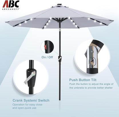 ABCCANOPY Durable Solar Led Patio Umbrellas with 32LED Lights 9FT (Light Gray)