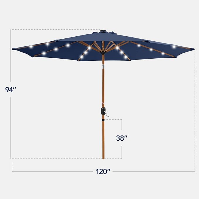 Best Choice Products 10ft Solar Market Patio Umbrella w/Woodgrain Pattern Pole, LED Lights, Tilt & Crank – Outdoor Sun Shade for Backyard Table, Deck, Poolside – Navy Blue