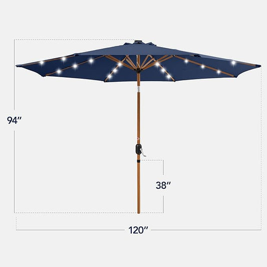 Best Choice Products 10ft Solar Market Patio Umbrella w/Woodgrain Pattern Pole, LED Lights, Tilt & Crank – Outdoor Sun Shade for Backyard Table, Deck, Poolside – Navy Blue