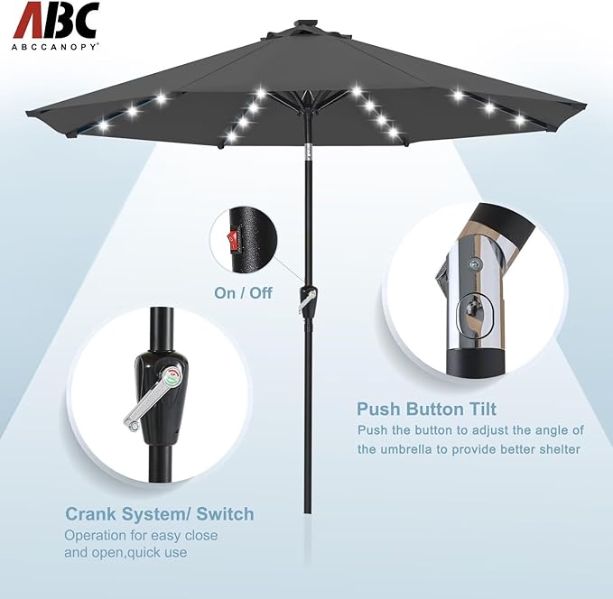 ABCCANOPY Durable Solar Led Patio Umbrellas with 32LED Lights 9FT (Dark Gray)
